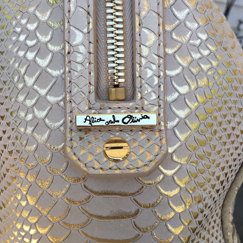 Alice + Olivia Cream and Gold Snake-Embossed Satchel